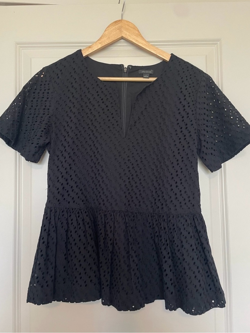 Ann Taylor Black Eyelet Peplum Short-Sleeve Top
